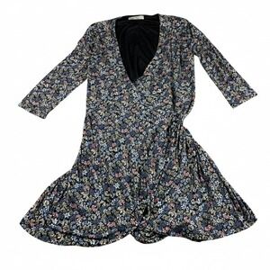 LOFT Floral Faux Wrap Dress Womens Size Large Black Blue Pink 3/4 Sleeve V-Neck